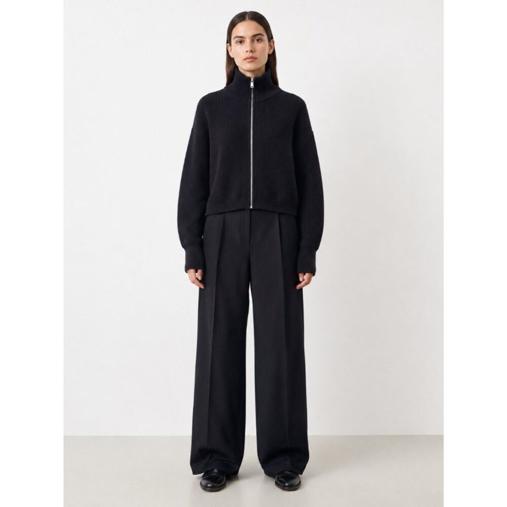 COS Black 100% Wool Ribbed Full Zip Funnel Neck Cropped Sweater Size Small